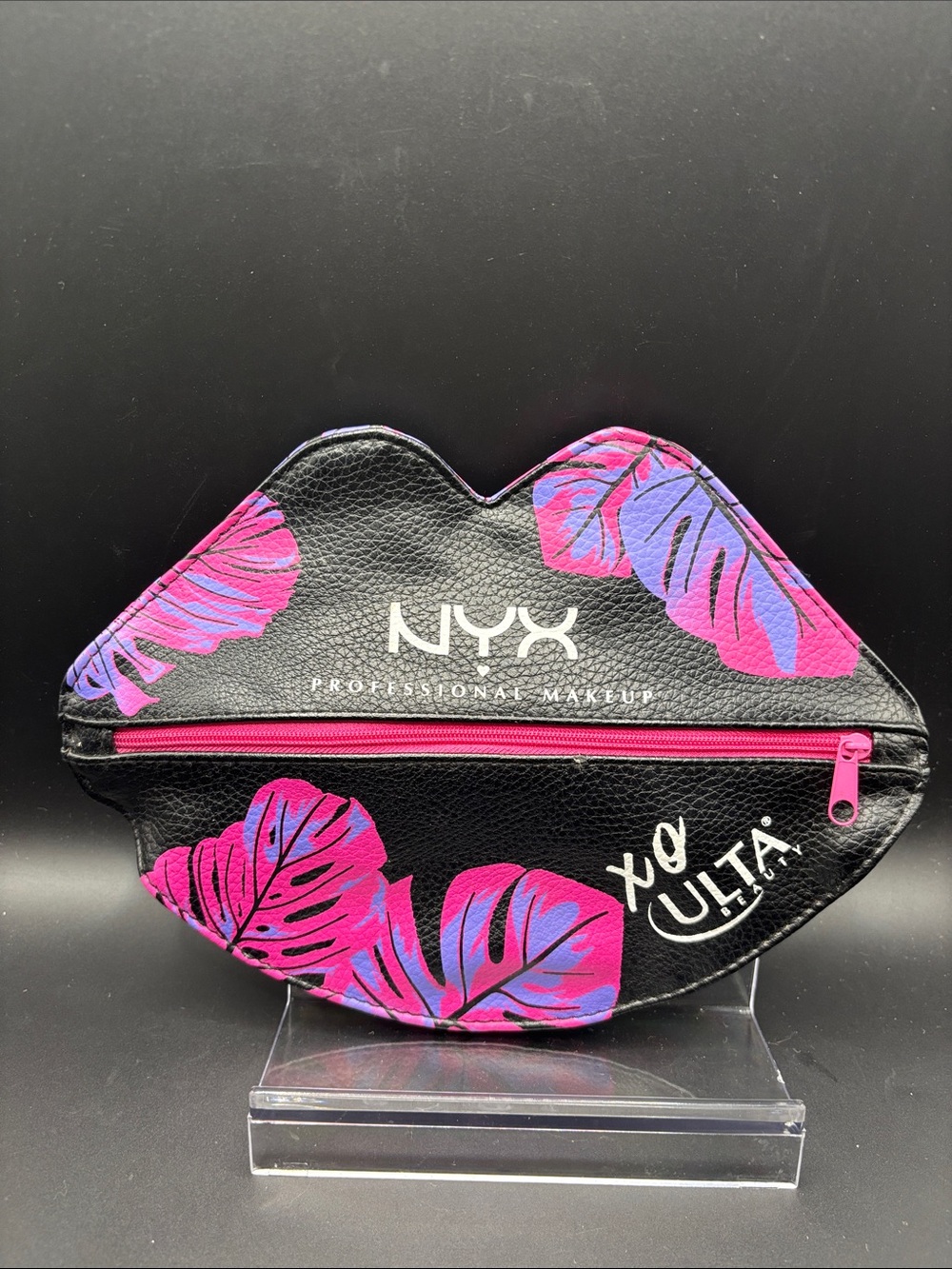 Ulta Beauty Lip-Shaped Cosmetic Pouch in Black with Pink & Purple Leaf Accents